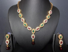 Necklace Set 7378 Golden Red Green CZ Ornate Necklace Earrings Jewelry Set