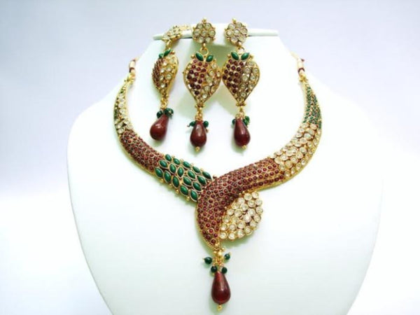 Necklace Set 7379 Golden Multi Color CZ Ornate Necklace Earrings Forhead Jewelry Set
