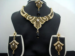 Necklace Set 7380 Golden Green CZ Ornate Necklace Earrings Forhead Jewelry Set