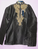 Kurta 7399 Black Tussar Gold Detail Men's Kurta Shieno Sarees