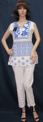 Trouser 7669 White/Blue Blouse White Pant Career Wear Women (M) Shieno