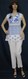 Trouser 7669 White/Blue Blouse White Pant Career Wear Women (M) Shieno