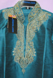 Men's 7920 Teal Blue Tussar Designer Kurta Gold detail Shieno Sarees