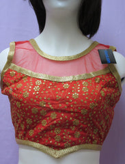 Choli 8078 Raw Silk Net Neck Shoulder Gold Zari Sleeveless Back Open M Size Choli Saree Blouse