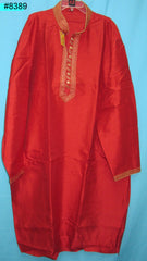 Men's 8389 Plus Size Red Slub Kurta Beige Tussar Pajama Set