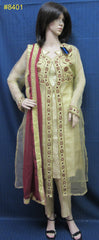 Pakistani 8401 Gold Organza Silk Plazo Pants Kameez Dupatta Suit Small Size