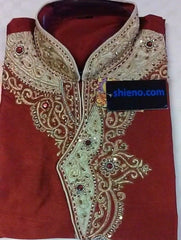 Men's 8455 Red Tussar Kurta Ivory Tussar Pajama Medium Size