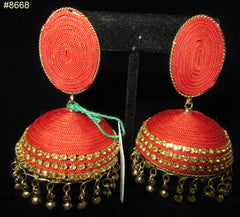 Earrings 8668 Gold Red Tone, Golden Crystal Zircons, big Jhumka Earrings