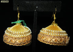 Earrings 8669 Gold, Golden Zari Crystal Zircons Pearl Beads big Jhumka Earrings
