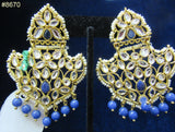 Earrings 8670 Gold Crown Shaped Crystal Stones Pearl Beads Hanging Blue Beads Earrings