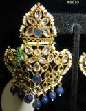 Earrings 8670 Gold Crown Shaped Crystal Stones Pearl Beads Hanging Blue Beads Earrings