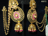 Earrings 8672 Gold Pink Gold CZ Golden Strings Side Hanging Jhumka Pink beads Earrings