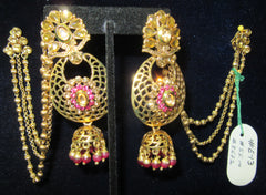 Earrings 8672 Gold Pink Gold CZ Golden Strings Side Hanging Jhumka Pink beads Earrings